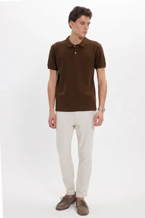 Erkek Slim Fit Dar Kesim %100 Pamuk Kısa Kollu Polo Yaka Kahverengi Tişört