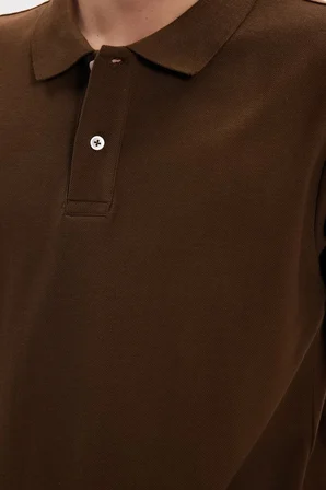 Erkek Slim Fit Dar Kesim %100 Pamuk Kısa Kollu Polo Yaka Kahverengi Tişört