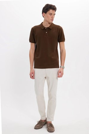 Erkek Slim Fit Dar Kesim %100 Pamuk Kısa Kollu Polo Yaka Kahverengi Tişört