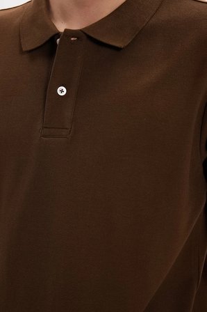 Erkek Slim Fit Dar Kesim %100 Pamuk Kısa Kollu Polo Yaka Kahverengi Tişört