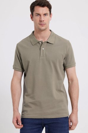 Erkek Slim Fit Dar Kesim %100 Pamuk Kısa Kollu Polo Yaka Vizon Tişört