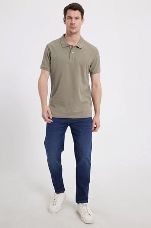 Erkek Slim Fit Dar Kesim %100 Pamuk Kısa Kollu Polo Yaka Vizon Tişört