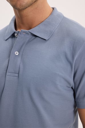 Erkek Slim Fit Dar Kesim %100 Pamuk Kısa Kollu Polo Yaka İndigo Tişört