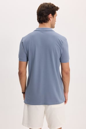 Erkek Slim Fit Dar Kesim %100 Pamuk Kısa Kollu Polo Yaka İndigo Tişört