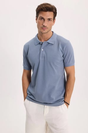 Erkek Slim Fit Dar Kesim %100 Pamuk Kısa Kollu Polo Yaka İndigo Tişört