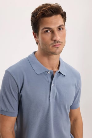 Erkek Slim Fit Dar Kesim %100 Pamuk Kısa Kollu Polo Yaka İndigo Tişört