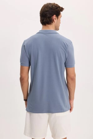 Erkek Slim Fit Dar Kesim %100 Pamuk Kısa Kollu Polo Yaka İndigo Tişört