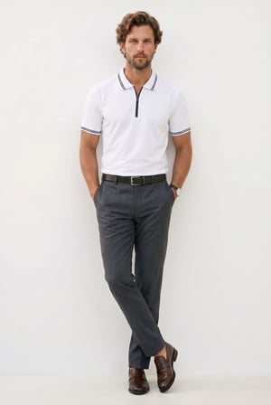 Erkek Slim Fit Dar Kesim %100 Pamuk Kısa Kollu Fermuarlı Beyaz Polo Yaka Tişört