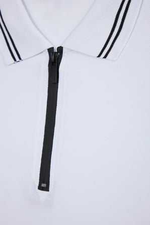 Erkek Slim Fit Dar Kesim %100 Pamuk Kısa Kollu Fermuarlı Beyaz Polo Yaka Tişört
