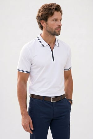 Erkek Slim Fit Dar Kesim %100 Pamuk Kısa Kollu Fermuarlı Beyaz Polo Yaka Tişört