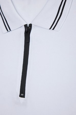 Erkek Slim Fit Dar Kesim %100 Pamuk Kısa Kollu Fermuarlı Beyaz Polo Yaka Tişört
