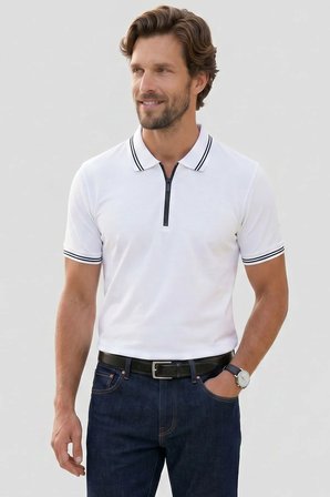 Erkek Slim Fit Dar Kesim %100 Pamuk Kısa Kollu Fermuarlı Beyaz Polo Yaka Tişört