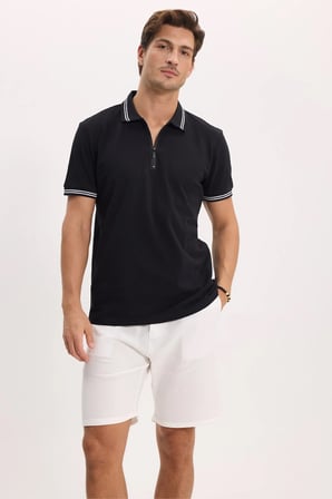 Erkek Slim Fit Dar Kesim %100 Pamuk Kısa Kollu Fermuarlı Siyah Polo Yaka Tişört