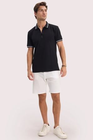 Erkek Slim Fit Dar Kesim %100 Pamuk Kısa Kollu Fermuarlı Siyah Polo Yaka Tişört