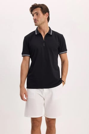 Erkek Slim Fit Dar Kesim %100 Pamuk Kısa Kollu Fermuarlı Siyah Polo Yaka Tişört
