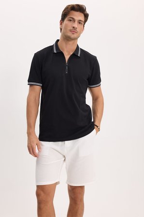 Erkek Slim Fit Dar Kesim %100 Pamuk Kısa Kollu Fermuarlı Siyah Polo Yaka Tişört