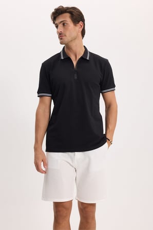 Erkek Slim Fit Dar Kesim %100 Pamuk Kısa Kollu Fermuarlı Siyah Polo Yaka Tişört