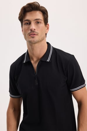 Erkek Slim Fit Dar Kesim %100 Pamuk Kısa Kollu Fermuarlı Siyah Polo Yaka Tişört