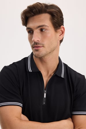 Erkek Slim Fit Dar Kesim %100 Pamuk Kısa Kollu Fermuarlı Siyah Polo Yaka Tişört