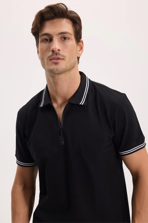 Erkek Slim Fit Dar Kesim %100 Pamuk Kısa Kollu Fermuarlı Siyah Polo Yaka Tişört
