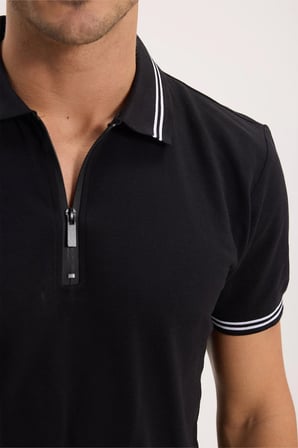 Erkek Slim Fit Dar Kesim %100 Pamuk Kısa Kollu Fermuarlı Siyah Polo Yaka Tişört