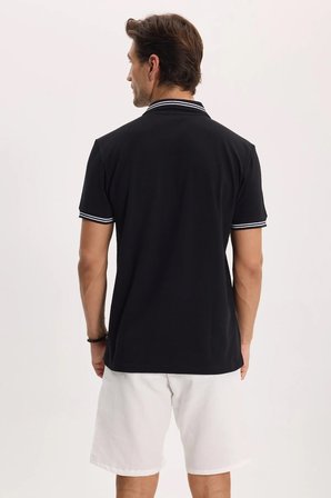 Erkek Slim Fit Dar Kesim %100 Pamuk Kısa Kollu Fermuarlı Siyah Polo Yaka Tişört
