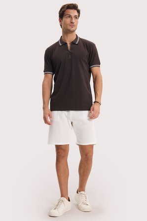 Erkek Slim Fit Dar Kesim %100 Pamuk Kısa Kollu Fermuarlı Kahverengi Polo Yaka Tişört