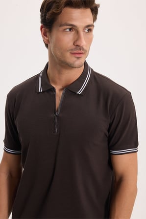 Erkek Slim Fit Dar Kesim %100 Pamuk Kısa Kollu Fermuarlı Kahverengi Polo Yaka Tişört