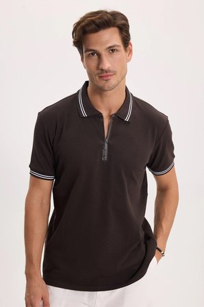 Erkek Slim Fit Dar Kesim %100 Pamuk Kısa Kollu Fermuarlı Kahverengi Polo Yaka Tişört