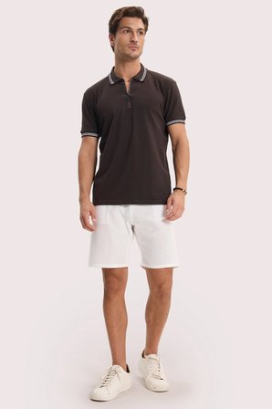 Erkek Slim Fit Dar Kesim %100 Pamuk Kısa Kollu Fermuarlı Kahverengi Polo Yaka Tişört