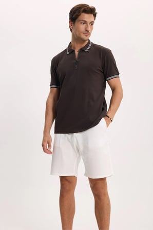 Erkek Slim Fit Dar Kesim %100 Pamuk Kısa Kollu Fermuarlı Kahverengi Polo Yaka Tişört