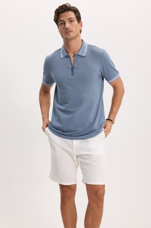 Erkek Slim Fit Dar Kesim %100 Pamuk Kısa Kollu Fermuarlı Füme Polo Yaka Tişört