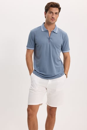 Erkek Slim Fit Dar Kesim %100 Pamuk Kısa Kollu Fermuarlı Füme Polo Yaka Tişört