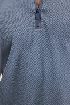 Erkek Slim Fit Dar Kesim %100 Pamuk Kısa Kollu Fermuarlı Füme Polo Yaka Tişört