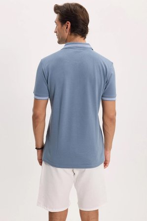 Erkek Slim Fit Dar Kesim %100 Pamuk Kısa Kollu Fermuarlı Füme Polo Yaka Tişört