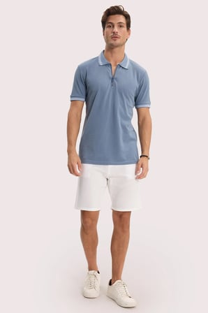 Erkek Slim Fit Dar Kesim %100 Pamuk Kısa Kollu Fermuarlı Füme Polo Yaka Tişört