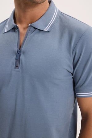 Erkek Slim Fit Dar Kesim %100 Pamuk Kısa Kollu Fermuarlı Füme Polo Yaka Tişört