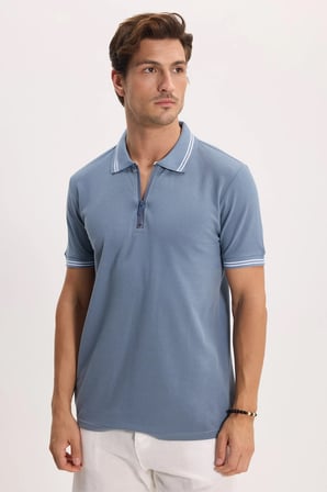 Erkek Slim Fit Dar Kesim %100 Pamuk Kısa Kollu Fermuarlı Füme Polo Yaka Tişört