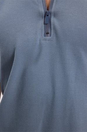 Erkek Slim Fit Dar Kesim %100 Pamuk Kısa Kollu Fermuarlı Füme Polo Yaka Tişört