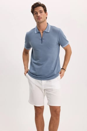 Erkek Slim Fit Dar Kesim %100 Pamuk Kısa Kollu Fermuarlı Füme Polo Yaka Tişört