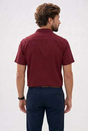 Erkek Oversize Geniş Kesim %100 Pamuk Çizgili Kısa Kollu Apaş Yaka Bordo Gömlek
