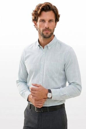 Erkek Slim Fit Dar Kesim Uzun Kollu %100 Pamuk Keten Efektli Düğmeli Yaka Rahat Yeşil Gömlek