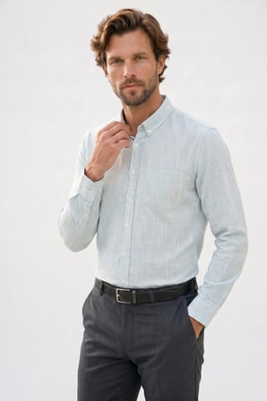 Erkek Slim Fit Dar Kesim Uzun Kollu %100 Pamuk Keten Efektli Düğmeli Yaka Rahat Yeşil Gömlek