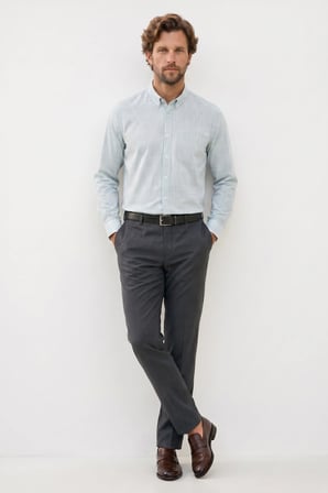 Erkek Slim Fit Dar Kesim Uzun Kollu %100 Pamuk Keten Efektli Düğmeli Yaka Rahat Yeşil Gömlek