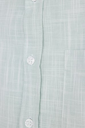 Erkek Slim Fit Dar Kesim Uzun Kollu %100 Pamuk Keten Efektli Düğmeli Yaka Rahat Yeşil Gömlek