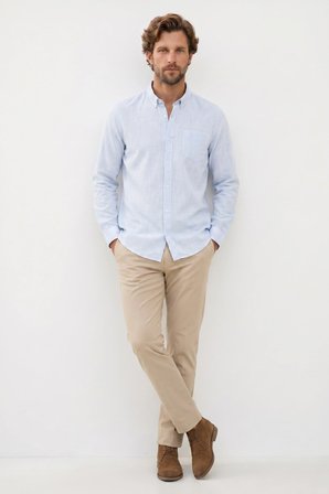 Erkek Slim Fit Dar Kesim Uzun Kollu %100 Pamuk Keten Efektli Düğmeli Yaka Rahat Mavi Gömlek