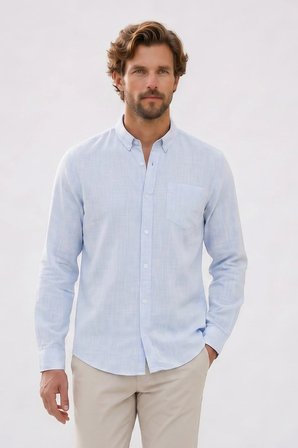 Erkek Slim Fit Dar Kesim Uzun Kollu %100 Pamuk Keten Efektli Düğmeli Yaka Rahat Mavi Gömlek