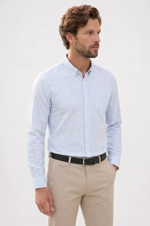 Erkek Slim Fit Dar Kesim Uzun Kollu %100 Pamuk Keten Efektli Düğmeli Yaka Rahat Mavi Gömlek