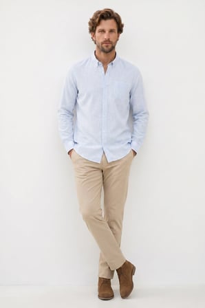 Erkek Slim Fit Dar Kesim Uzun Kollu %100 Pamuk Keten Efektli Düğmeli Yaka Rahat Mavi Gömlek