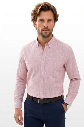 Erkek Slim Fit Dar Kesim Uzun Kollu %100 Pamuk Keten Efektli Düğmeli Yaka Rahat Kırmızı Gömlek